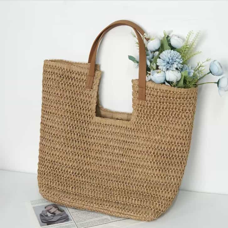 Handwoven natural raffia vacation tote bag, handmade summer beach woven handbag
