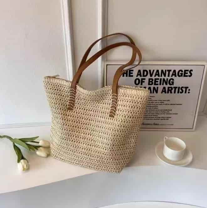 Handwoven natural raffia tote bag, handmade summer beach woven handbag
