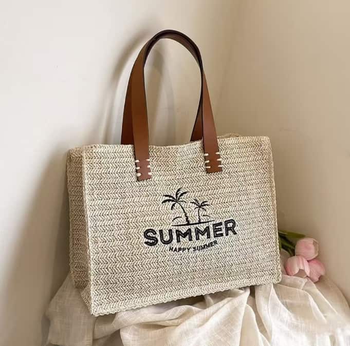 Handwoven natural raffia vacation tote bag, handmade summer beach woven handbag